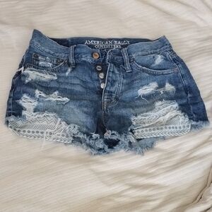American Eagle Outfitters Frayed High-Rise Denim Shorts - Blue
